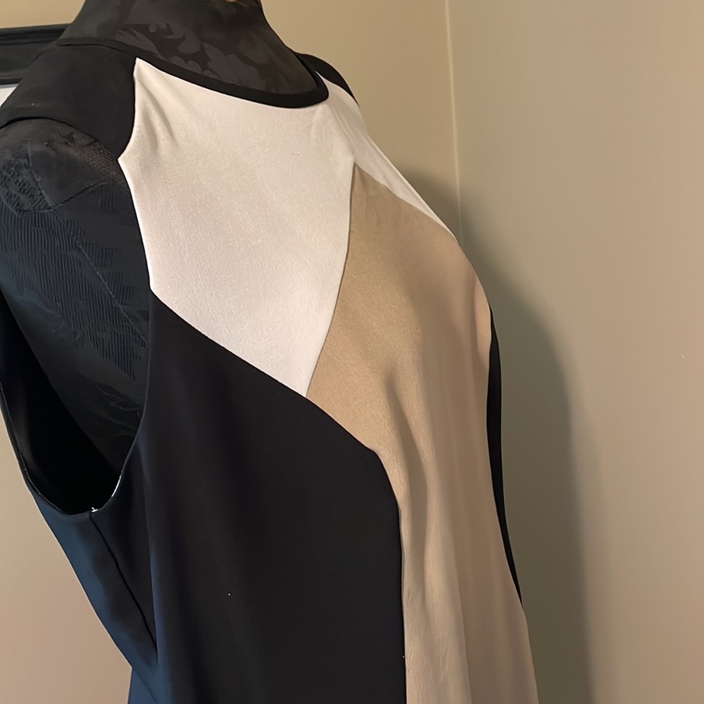 Dress Barn black beige and white heavy polyester fitted dress.